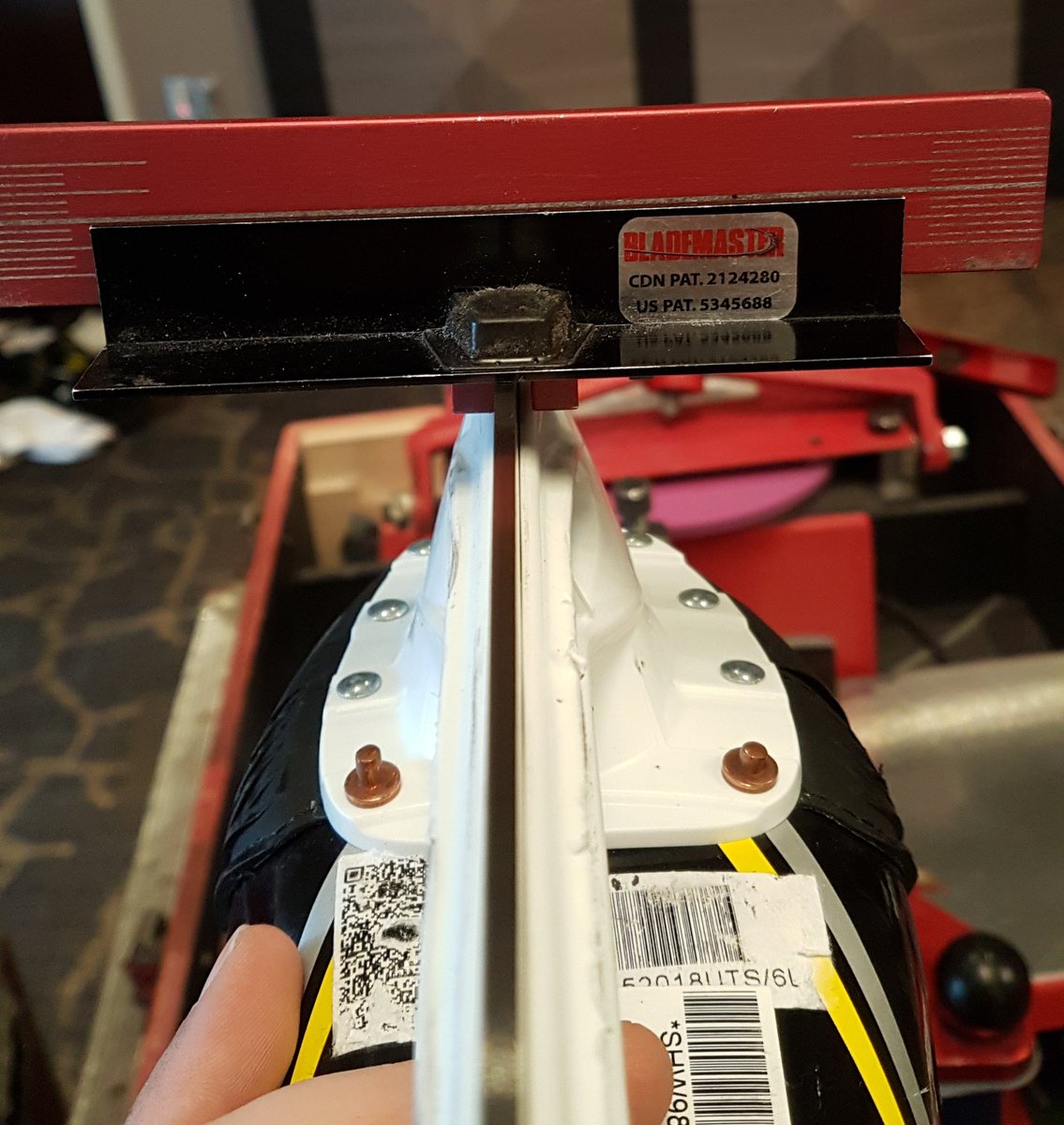 Roper_33's tweet photo. Setup a skate sharpening and rivet station in the hotel ballroom. No pregame skate today so had to improvise! Game tonight at @UWWarriorHockey #equipmentmanagerproblems #sharpskates #Stingersunited https://t.co/BT5ZtIhc5R