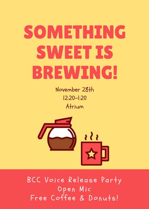 BCCVoice's tweet photo. #BCCvoice is throwing a party! Join us to celebrate the release of our second issue. https://t.co/dythvFTR6j There will be an #OpenMic session, readings and free #coffee + #donuts! 12:20 – 1:20 p.m. Tues Nov. 28 2017, in the Atrium ☕️🎤🍩 https://t.co/icoGwbKvhW