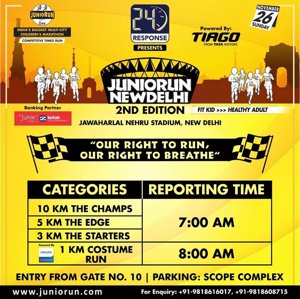juniorungrr's tweet photo. All the registered participants of Juniorun New Delhi 2017 2nd Edition need to enter from Gate No. 10 of Jawaharlal Nehru Stadium, New Delhi.

Reporting Time:

10km, 5km and 3km - 7AM
1km Costume Run - 8AM

#FitKidHealthyAdult https://t.co/kiwwi061Nz
