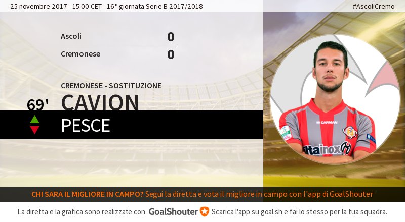CGrigiorosso's tweet photo. 69' #AscoliCremo 0-0: @CGrigiorosso effettua un cambio. Entra @cavionmichele al posto di #SimonePesce. https://t.co/GJ9oxaeNdP https://t.co/mKmBabpquW