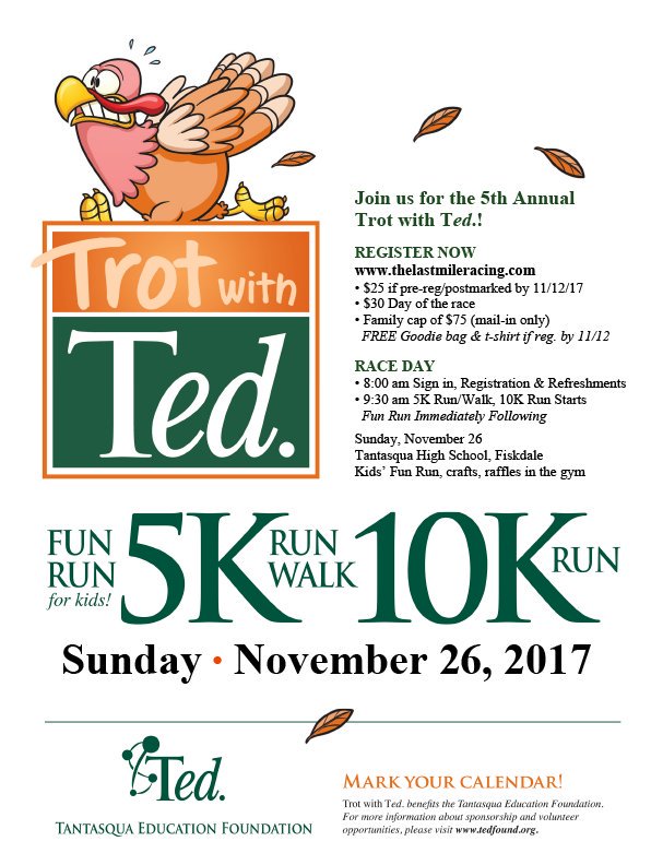 TEDEdFound's tweet photo. TOMORROW IS THE TURKEY TROT! We will be raffling off various items including a bike and gift cards to local shops! Come check it out, even if you aren't a runner! Registration is open till the race starts #turkeytrot #trotwithted https://t.co/5L1r3mU4ba