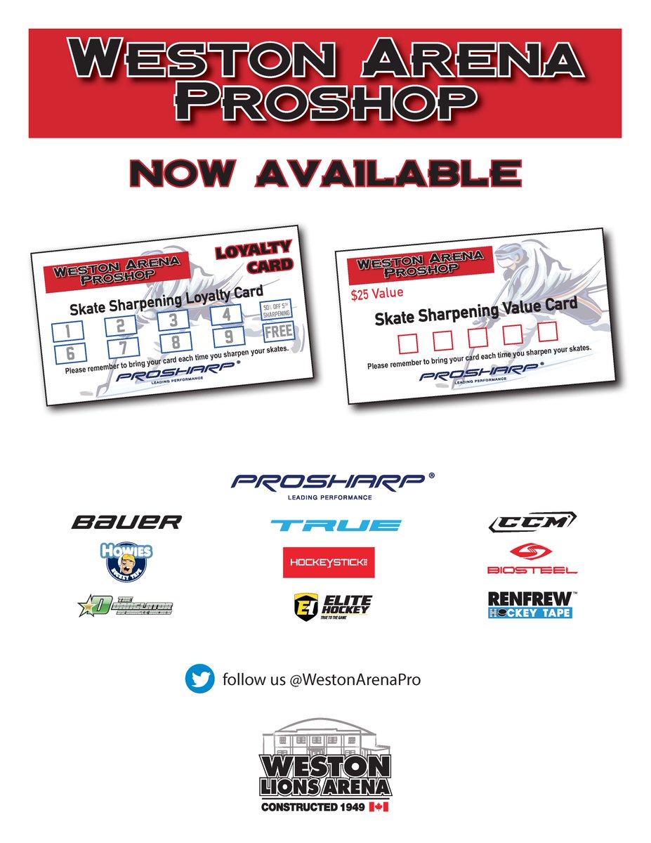 Now available $25 Prepaid Skate Sharpening Card, save $1.00 per sharpening plus the convenience of not having to carry cash. Our Loyalty Card, saves you 50% off your 5th sharpening and your 10th sharpening is FREE. <a href="/WestonArenaPro/">Weston Arena Proshop</a> open today until 9:00 pm, Sunday 2:00 - 7:00 pm