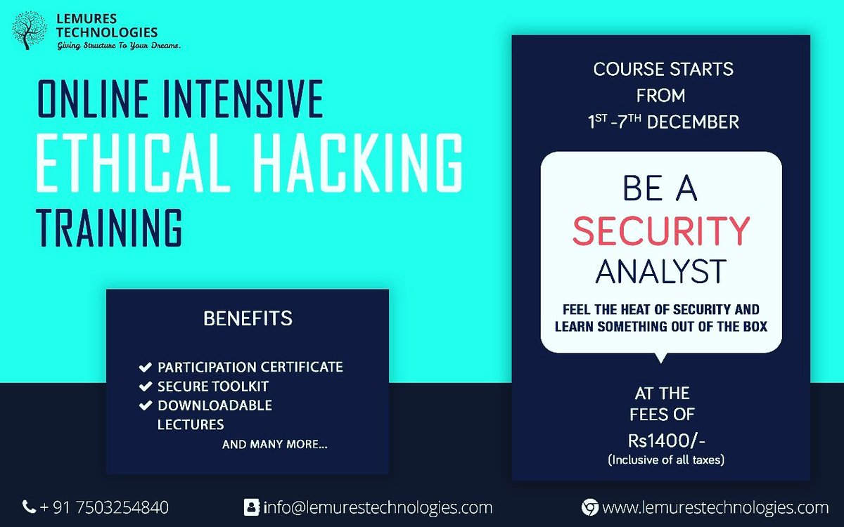 LemuresT's tweet photo. #SecurityAnalyst  #Online #CyberSecurity

7 Days Online Intensive Training Program on Ethical Hacking

Reg: https://t.co/u4Vo76LrOg

Course Content: https://t.co/Z7WbB4p48m

Date:1st - 7th December 

Early Bird Price: INR1400/-

Con:7503254840 siddharth@lemurestechnologies.com https://t.co/pedAr4tIuu