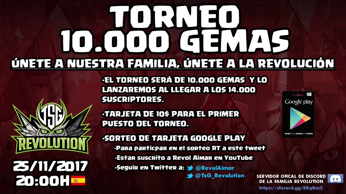 RevolAimar's tweet photo. ▶Esta tarde conectamos en directo desde las 20:00H🇪🇸

-Al llegar a los 14.000 suscriptores, montamos un torneo de 10.000 Gemas
-Premio de tarjeta Google Play para el ganador del Torneo
-Sorteo de tarjeta Google Play. 
Para participar en el sorteo, mira la imagen posteada🔽 https://t.co/E023eEaXb5