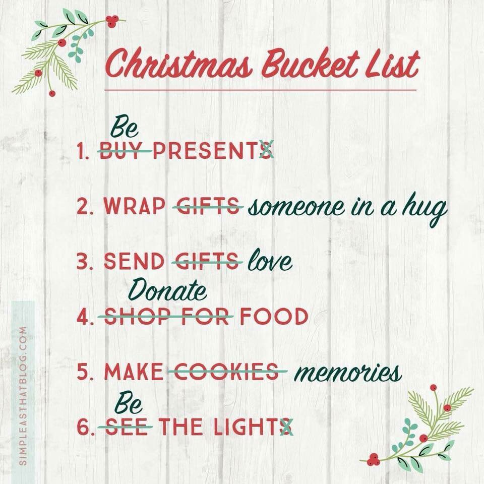FaithLuvCoffee's tweet photo. Love this! ❤️💚 #christmasbucketlist #bepresent #giveahug #sendlove #donatefood #makememories #bethelight @cooperrebecca https://t.co/otU2EDLFUQ