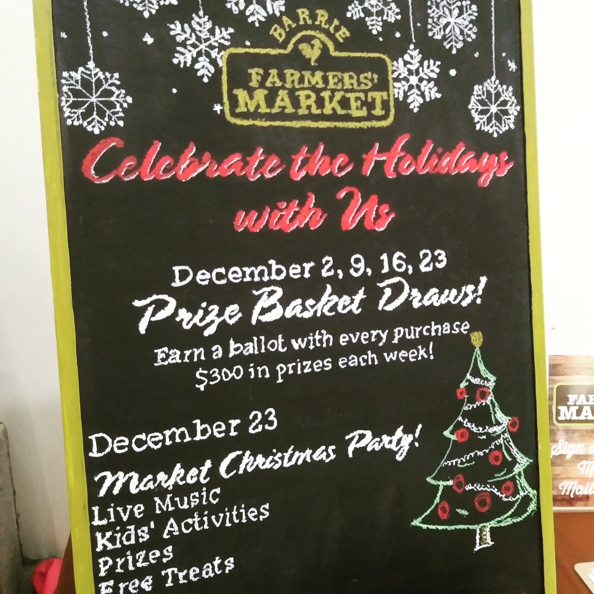 BarrieFarmersM's tweet photo. We're ramping up for the holiday season at the @BarrieFarmersM . Every week in December you can win a prize basket with $300 in food, artisan gifts, and gift certificates. The more you shop, the more ballots you get. #holidaymarkets #shoplocal #celebratewithus https://t.co/FtevUa0ijH