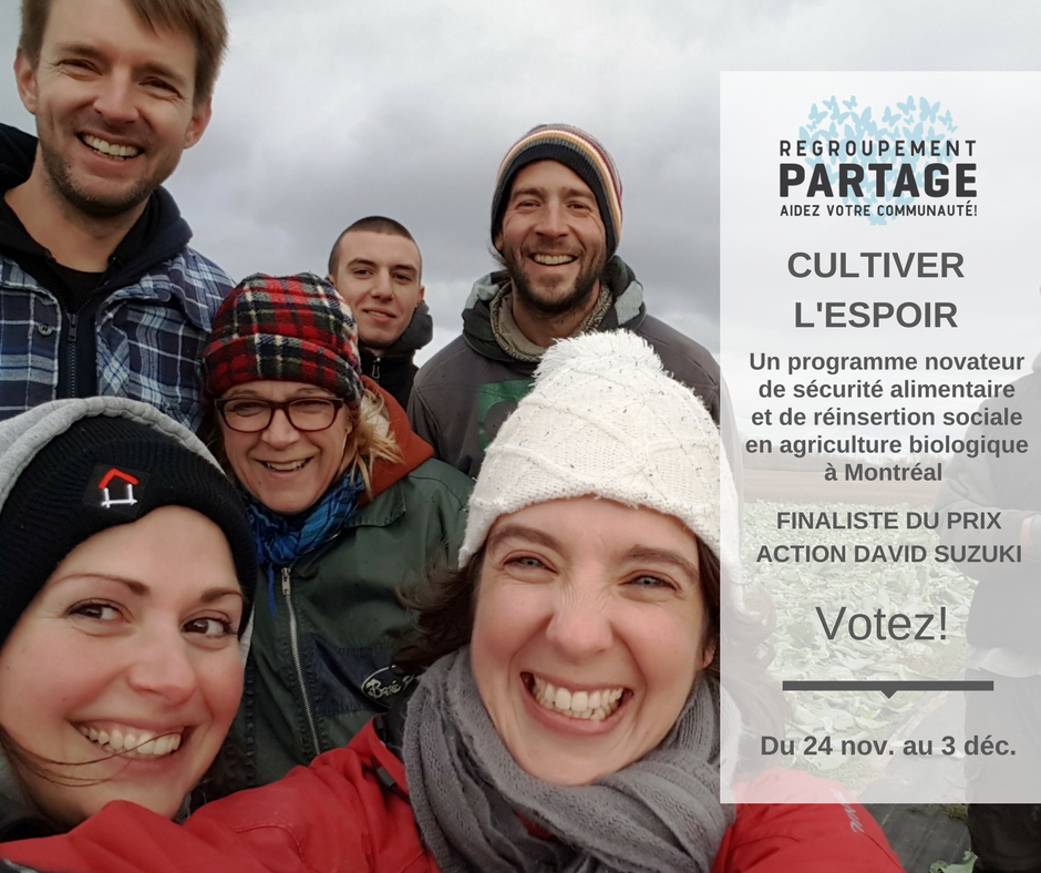 SunYouthOrg's tweet photo. Le @Regroup_Partage est en lice pour le #PrixAction de la @DavidSuzukiFDN grâce à son projet innovateur #cultiverlespoir! Encouragez cette inspirante initiative en votant d'ici le 3 décembre à: https://t.co/PvfXwNstyT https://t.co/Bj8DiiblRS