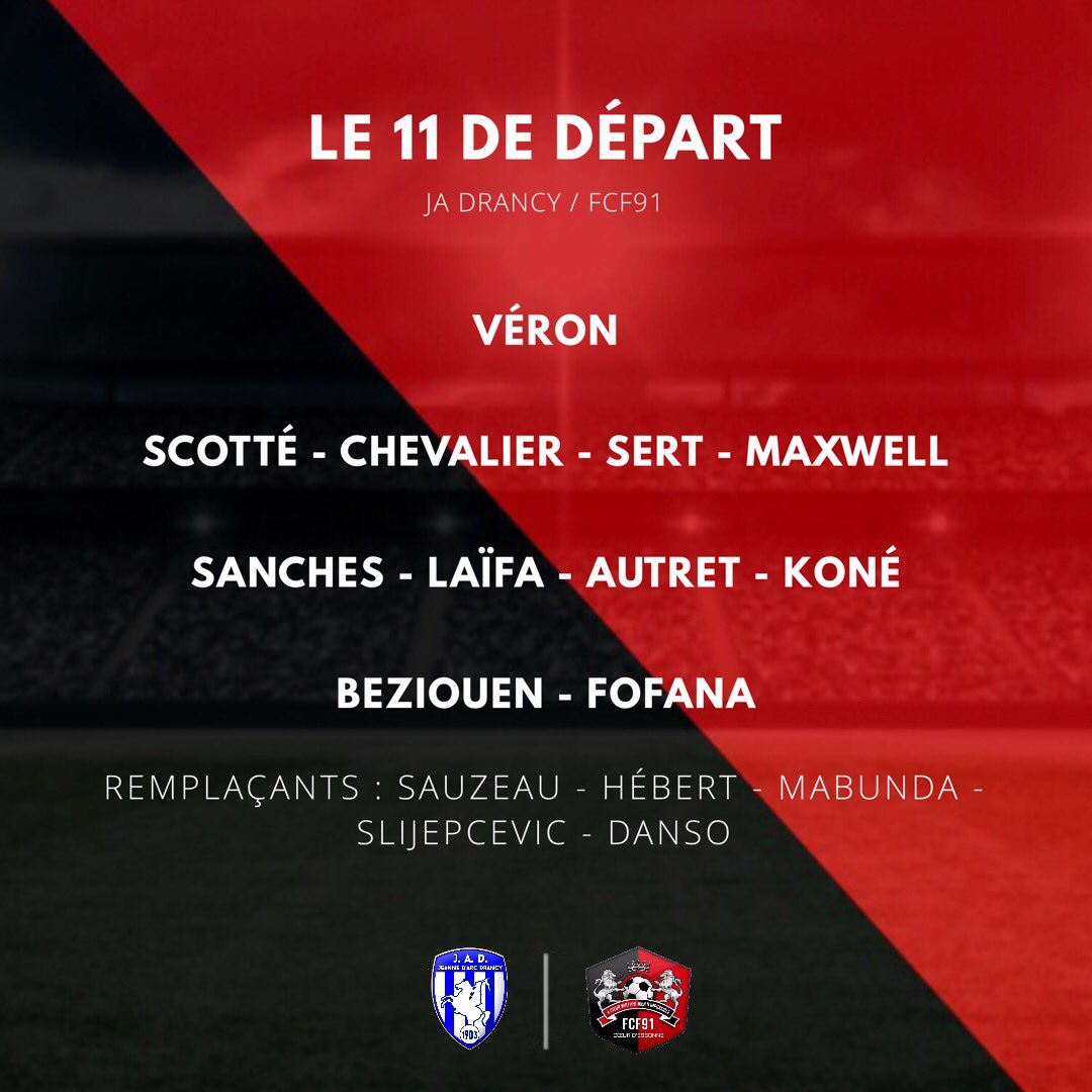 FCFleury91's tweet photo. Le 4-4-2 concocté par Bernard Bouger pour #JADFCF (18h) https://t.co/kkh2VPBS7A