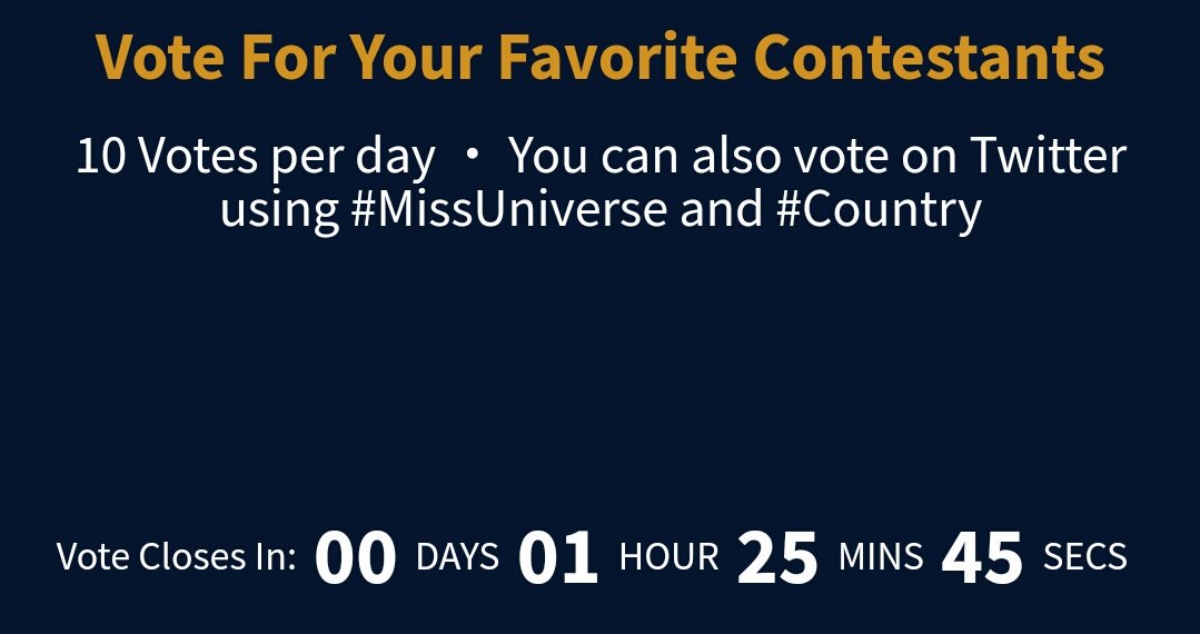 mwtrendsetter's tweet photo. One hour and 25 minutes left! Cast your votes now, go to https://t.co/KnEY5nmmFv! God Bless, Rachel! God Bless our Country! ♡

#MissUniverse #Philippines https://t.co/CHUci597EV