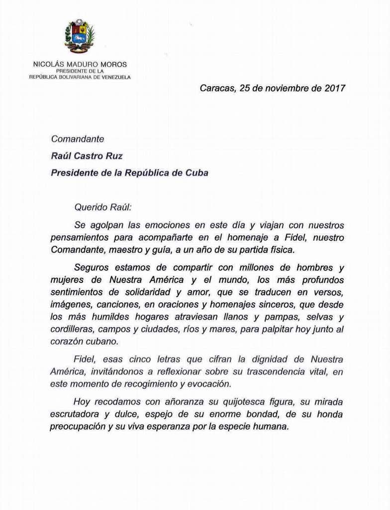 jaarreaza's tweet photo. Emotivo mensaje del Presidente @NicolasMaduro al Presidente de Cuba, Raúl Castro, al cumplirse hoy un año de la partida física de "nuestro Comandante, Maestro y Guía",  Fidel Castro Ruz. ¡Que viva Fidel! https://t.co/KwkfqvtUKo