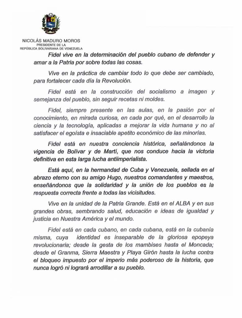 jaarreaza's tweet photo. Emotivo mensaje del Presidente @NicolasMaduro al Presidente de Cuba, Raúl Castro, al cumplirse hoy un año de la partida física de "nuestro Comandante, Maestro y Guía",  Fidel Castro Ruz. ¡Que viva Fidel! https://t.co/KwkfqvtUKo