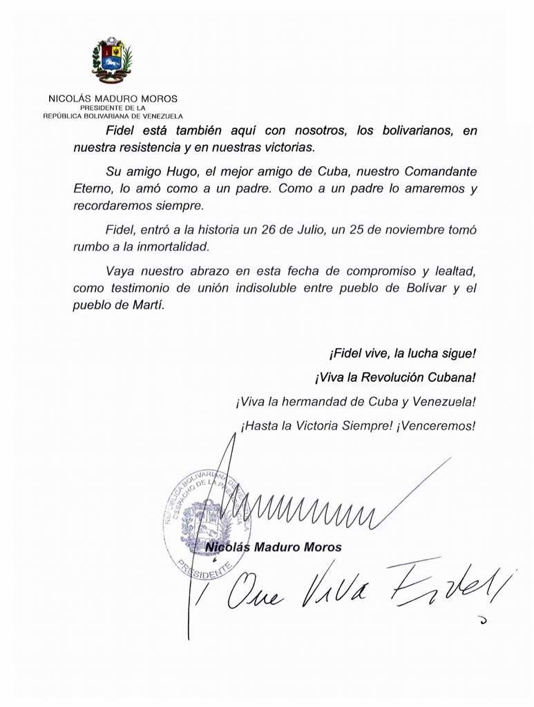 jaarreaza's tweet photo. Emotivo mensaje del Presidente @NicolasMaduro al Presidente de Cuba, Raúl Castro, al cumplirse hoy un año de la partida física de "nuestro Comandante, Maestro y Guía",  Fidel Castro Ruz. ¡Que viva Fidel! https://t.co/KwkfqvtUKo
