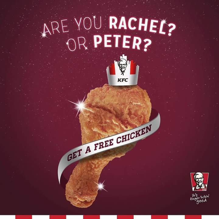 derickpenol1978's tweet photo. Announcement from KFC! People of the universe!Is your name Rachel? Or Peter?Drop by KFC today and be treated like queen or https://t.co/J9aFrJXoBs 1-pc chicken when you order a https://t.co/hPUOhNZpTt that's a winner!Promo available only today,Nov.26
#MissUniverse #Philippines https://t.co/bZyn8HE1Aa