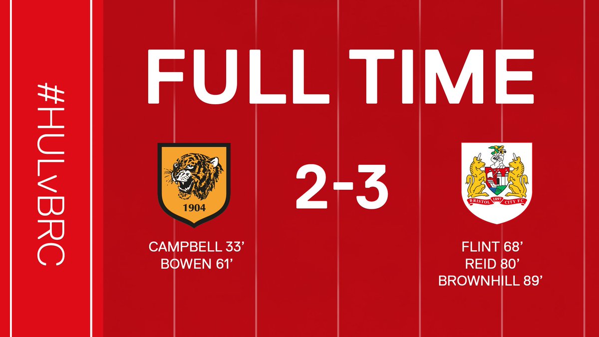 BristolCity's tweet photo. FULL TIME: Hull City 2-3 #BristolCity. #HULvBRC https://t.co/PnpEentscU