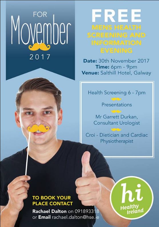 CroiHeartStroke's tweet photo. Free men's health screening and information evening in Salthill Hotel on November 30 to mark the end of #Movember. Please contact Rachael to register your interest on 091893318 or rachael.dalton@croi.ie https://t.co/xZfOr215Vk