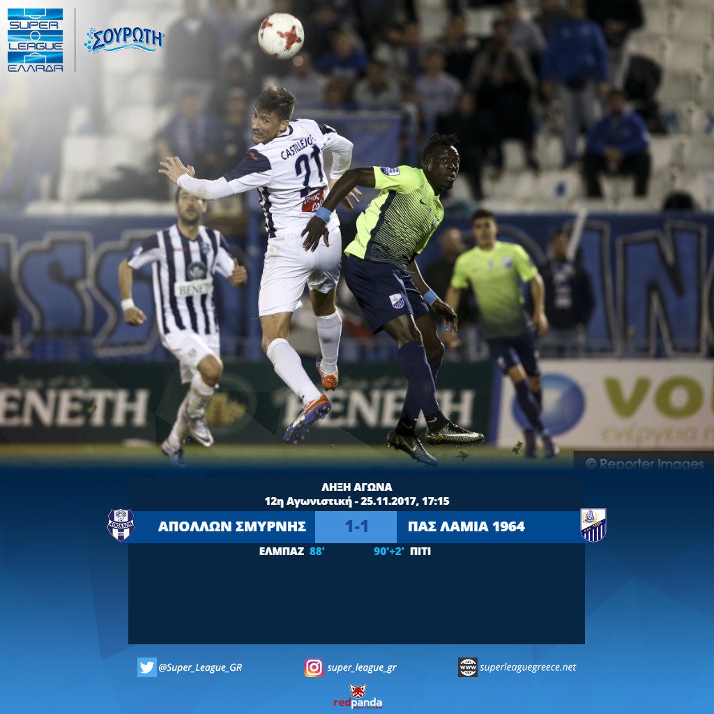 Super_League_GR's tweet photo. Ολοκληρώθηκε ο αγώνας, 1-1 το σκορ, με τα γκολ στο 88' (Ελμπάζ) και το 90'+2' (Πίτι) @fcapollon @PasLamia1964 https://t.co/Vl87BFKiRx #APOLLAM #slgr https://t.co/uUwQP8EFvE