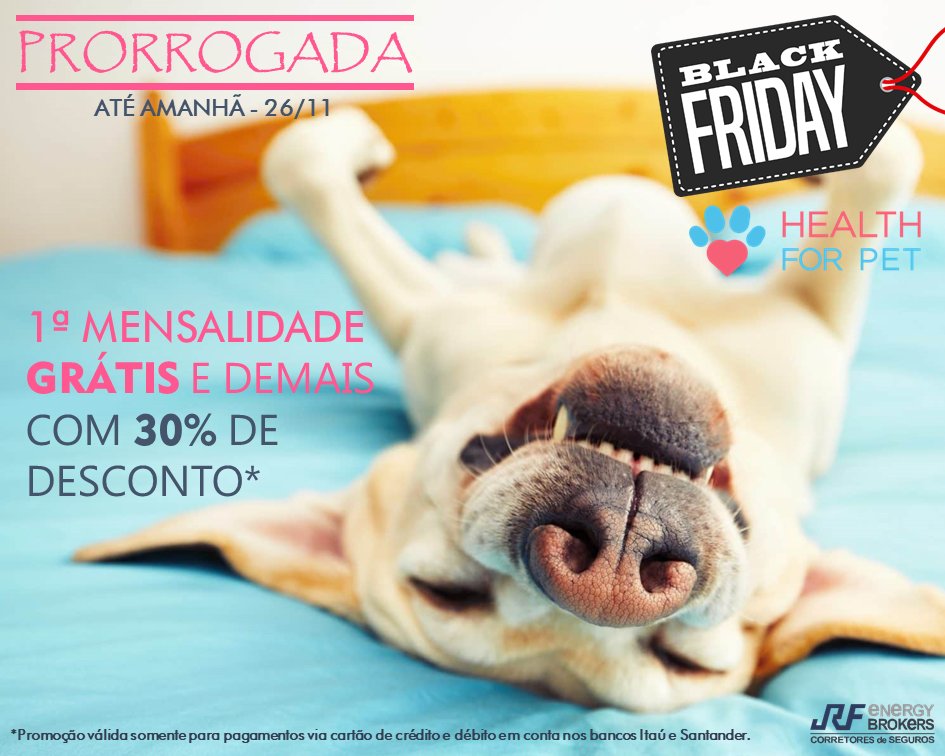 BLACK FRIDAY PRORROGADA ATÉ AMANHÃ, 26/11, na JRF Energy Brokers!!! Garanta o seguro saúde do seu pet com a primeira mensalidade grátis e as demais com 30% de desconto. Só até amanhã! Contate-nos (11) 99957 5268 #BlackFriday #SaúdePet