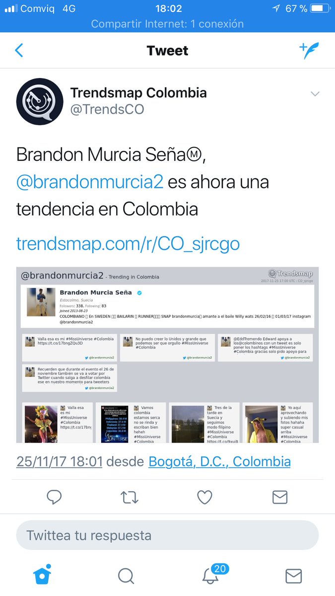 brandonmurcia2's tweet photo. Somos tendencia en colombia omg #MissUniverse #Colombia https://t.co/gYT9vdJWvc