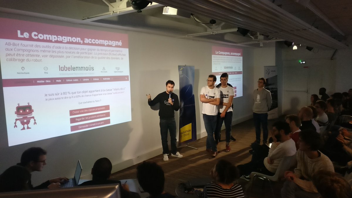 StatupEnsae's tweet photo. Au tour de @JulienSauvan et son équipe qui présentent leurs résultats sur le challenge Deep Learning. Une solution en prime : un chatbot ! #HackGenius17 @EY_CarrieresFR @labelemmaus  @LatitudesTfG https://t.co/7hYFK6ujoC