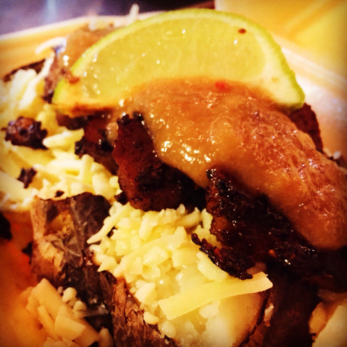 JacketPotatoMan's tweet photo. Homemade Jerk Seitan with Spicy Peach Sauce (a snuck some cheese on mine) served tonight with a vegan dumpling! #tqjackpotman #devonevent https://t.co/AvFYwxZqiZ