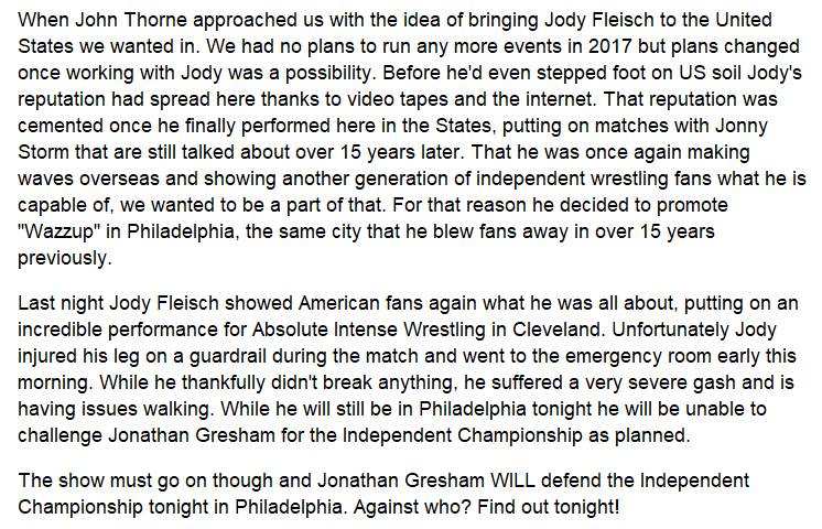 indiewrestling's tweet photo. BREAKING NEWS: Unfortunately Jody Fleisch is unable to wrestle tonight in Philadelphia. Jonathan Gresham WILL STILL defend the Independent Championship at #Wazzup! Full statement: https://t.co/TjC6mTP7JX