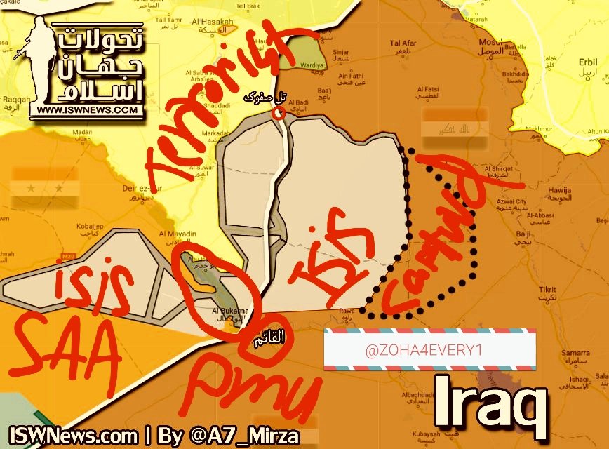 STKKQ90's tweet photo. Map of the day!!via @A7_Mirza @mirza & 2day s battles report in #Syria s war !! #SAA #NDF #FATIMIYOUN #BAQIR #HEZBOLLAH #LiwaalQuds #ALNUJABA #LIWAALBAQIR #LiwaalQuds #IMAMALIBATTLION #KATAIBIMAMALI &more alliance ll destroy ISIS terrorist in #DeirEzZor !! #Bukamal #Iraq border https://t.co/57Kfnf98OR