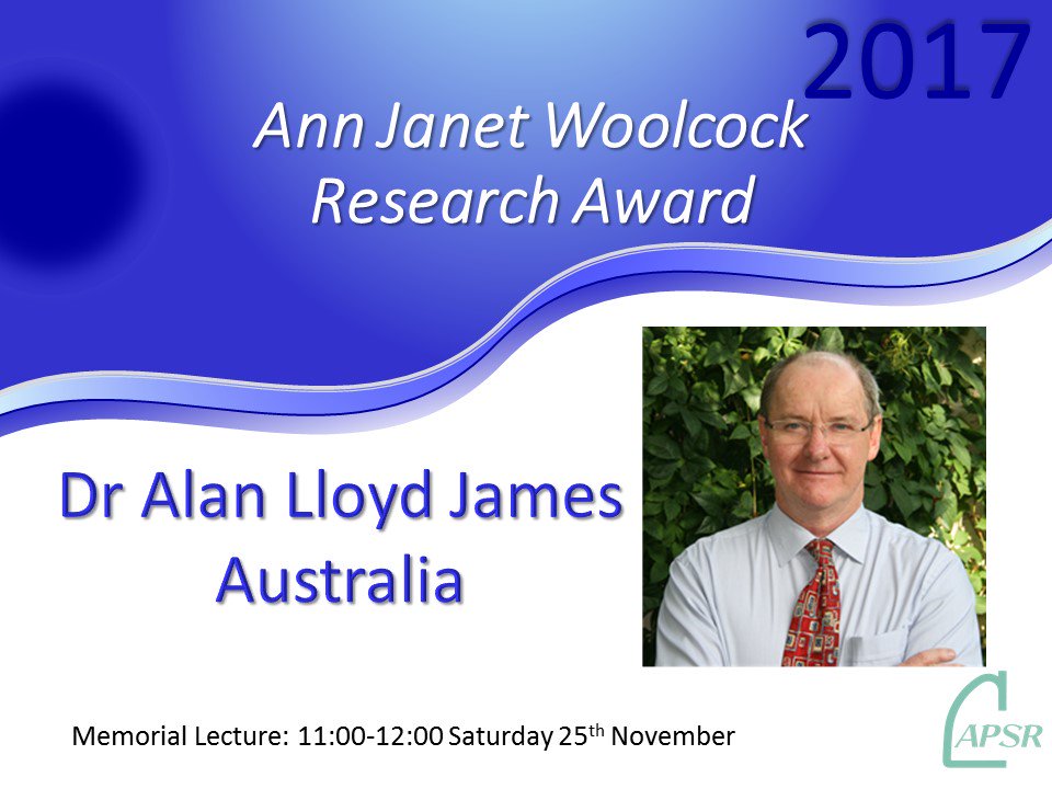 APSRapsr's tweet photo. Congratulations Dr. Alan James on the Ann Janet Woolcock Research Award! #APSR17 #MemorialLecuture  @APSRapsr https://t.co/1cRI5ei68c