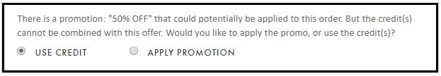 SaajRawr's tweet photo. @JustFabOnline I have 3 credits that I need to use, but the website won't let me use them if I want the 50% promotion?! That's absurd! https://t.co/ovQd5IdSng