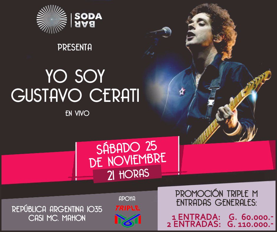 Se inaugura SODA BAR con el increíble concierto de MIGUEL SAMAME, el mejor imitador de GUSTAVO CERATI ganador de "Yo soy en Perú" y galardonado en Miami. SODA BAR informes al:    0971-247593.