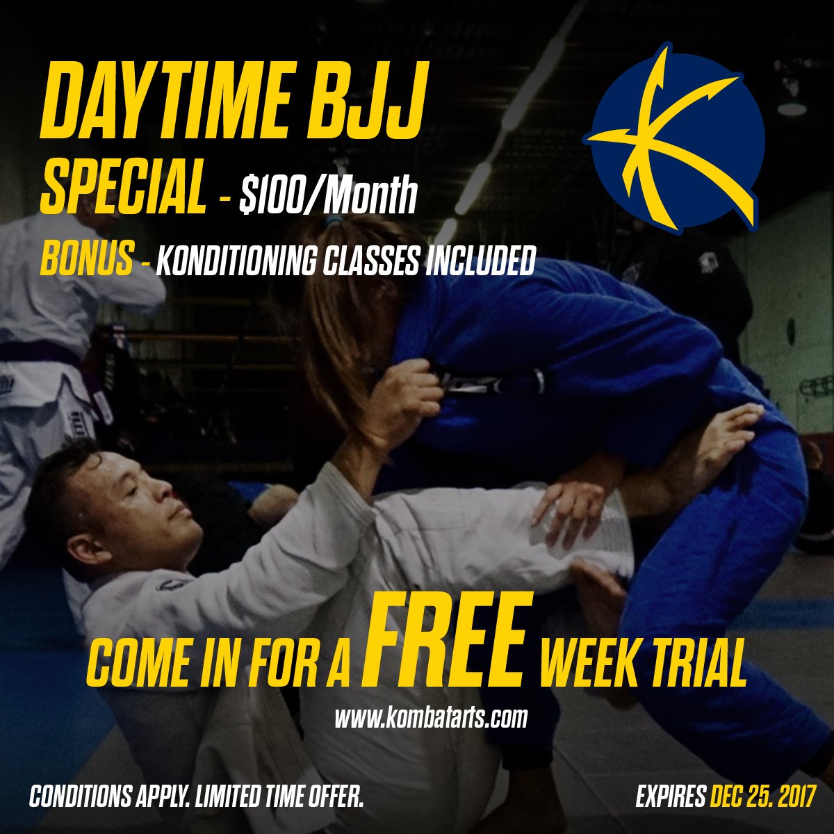 Special sale at KOMBAT ARTS for our daytime BJJ classes!  Limited time offer.  Come in ASAP for FREE TRIAL #bjj #brazilianjiujitsu #martialarts #kombatarts