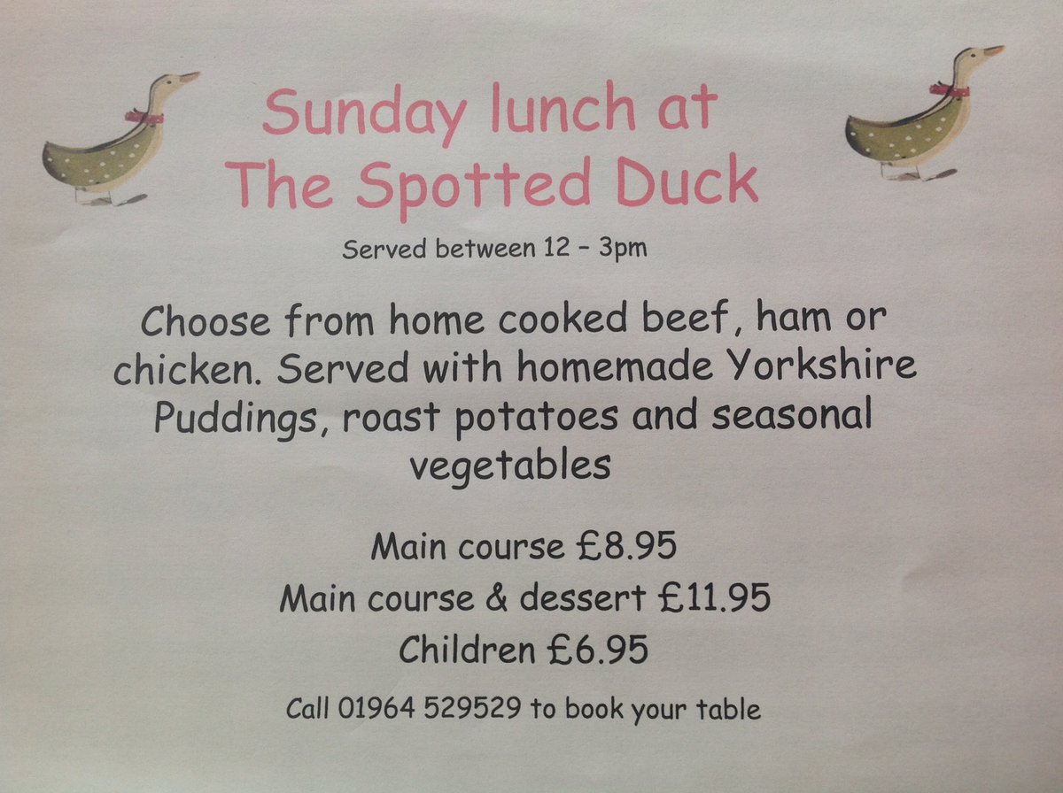spottedducktea's tweet photo. Looking for somewhere for Sunday lunch tomorrow? 

We have topside of beef from Elstronwick, British rolled leg of lamb, ham and chicken all served with homemade Yorkshire puddings, roast potatoes, mash and seasonal veg!

£8.95' children's £6.95. https://t.co/NJ2TLgeiWN