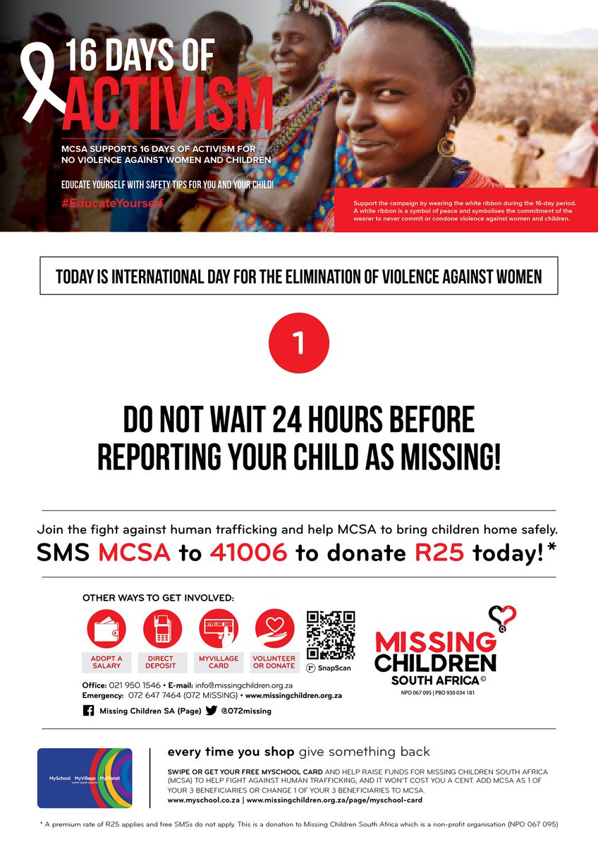 072MISSING's tweet photo. #16DaysOfActivism
#DayOne 
Do not wait 24 hours before reporting your child as missing!
#MissingChildrenSA supports 16 Days of Activism for #NoViolence against Woman and Children.
#MCSA
#SafetyTips
#EducateYourself
#DoNotWait24Hours
#StopTheSilence
#BreakTheViolence https://t.co/LTImzjQ3s0