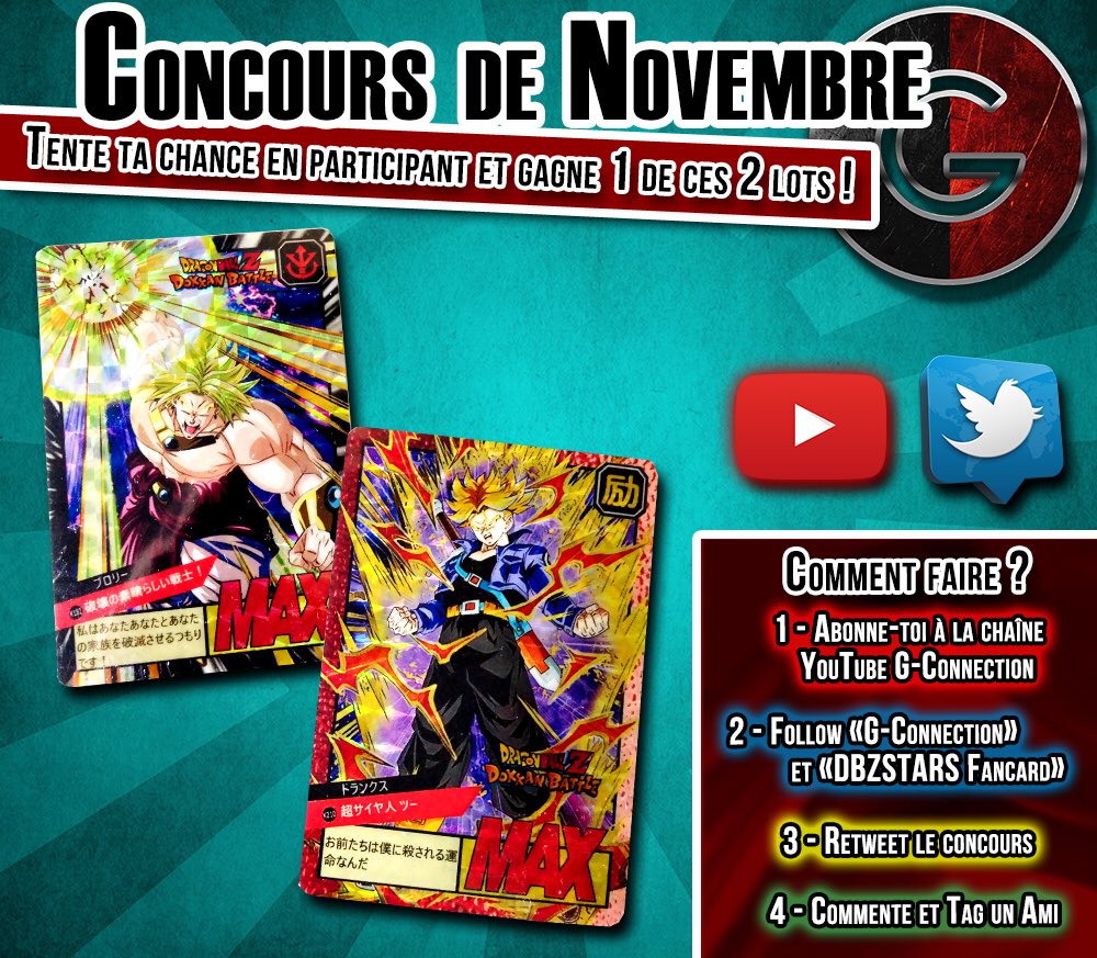 Leo_et_Max's tweet photo. 🔥Concours de Novembre ! 2 cartes #DokkanBattle de #Broly et #TrunksSS à gagner ! Abonne-toi à notre chaîne YB / RT la publi, follow @prismcustomcard et @G_Connection_ & TAG un ami ! 🔥 https://t.co/gWyjFWgb6V