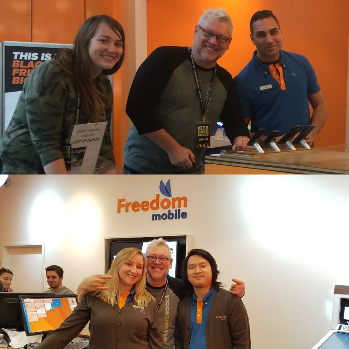 1075daverocks's tweet photo. We're at @FreedomMobile celebrating their #BlackFriday deals 👉 for a limited time save up to $450 on select phones with #mytab ☎ come say hi to @darryllaw and enter our ballot to win passes to @Bingemans  Gift of Lights 🎄 https://t.co/mTCfZ4Gmlq