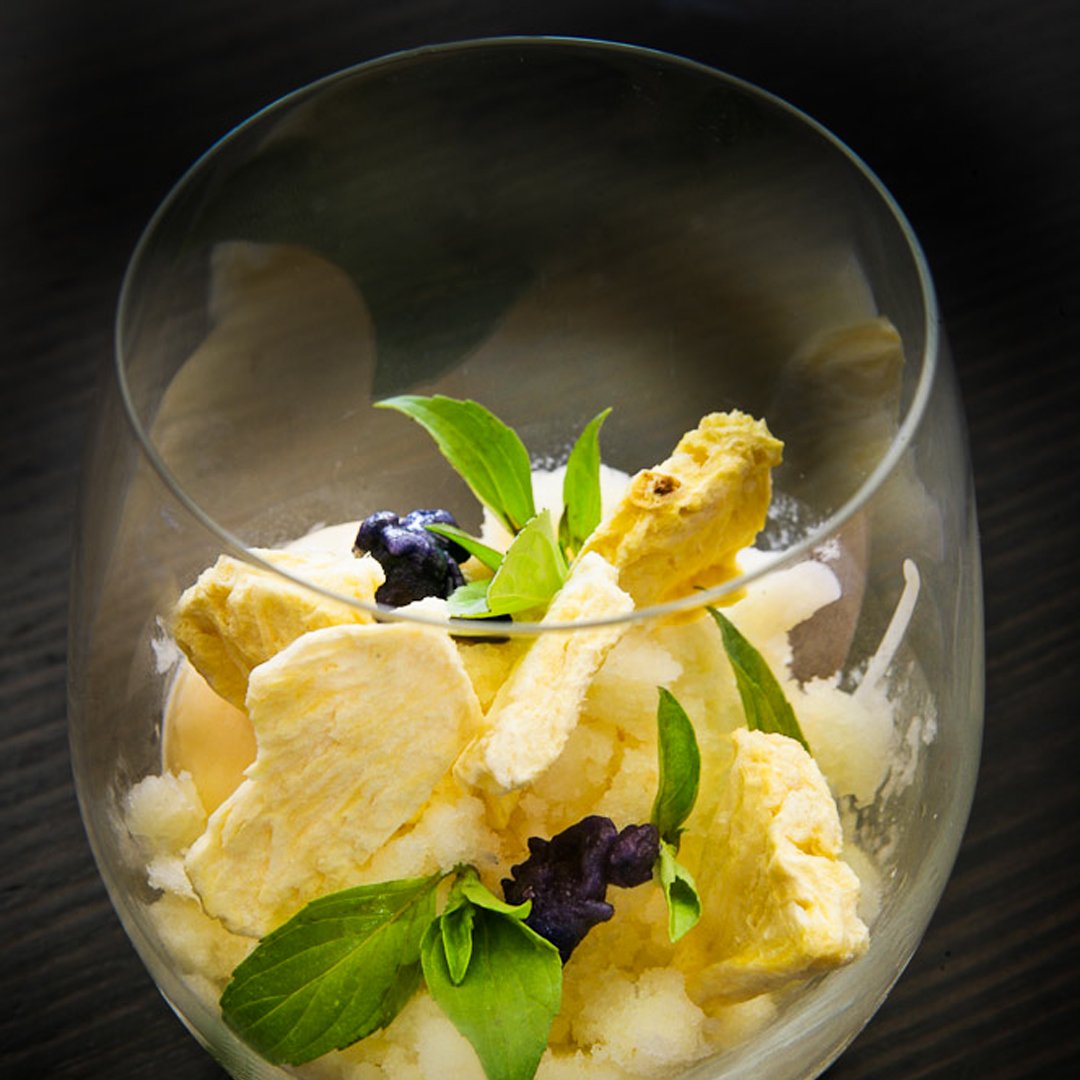 A delicate dessert of lychees, with coconut custard, fresh lychees, freeze dried lychees and violets.