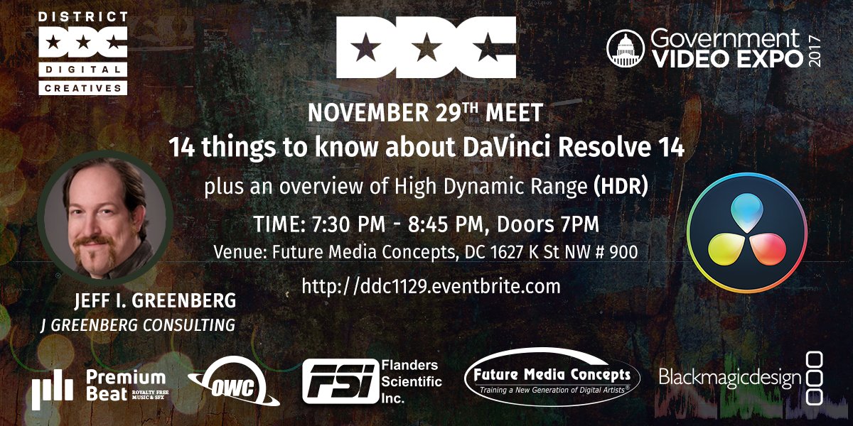 districtcreate's tweet photo. Next District Digital Creatives Meet @FMCTraining, #DC: Jeff Greenberg - @filmgeek is back, and he will discuss "14 things to know about DaVinci Resolve 14" + an overview of #HDR Register: https://t.co/GkQhsc2bjZ
#askjeffg #districtcreate #aCreativeDC #editingandpost https://t.co/Pus6JYsAx5