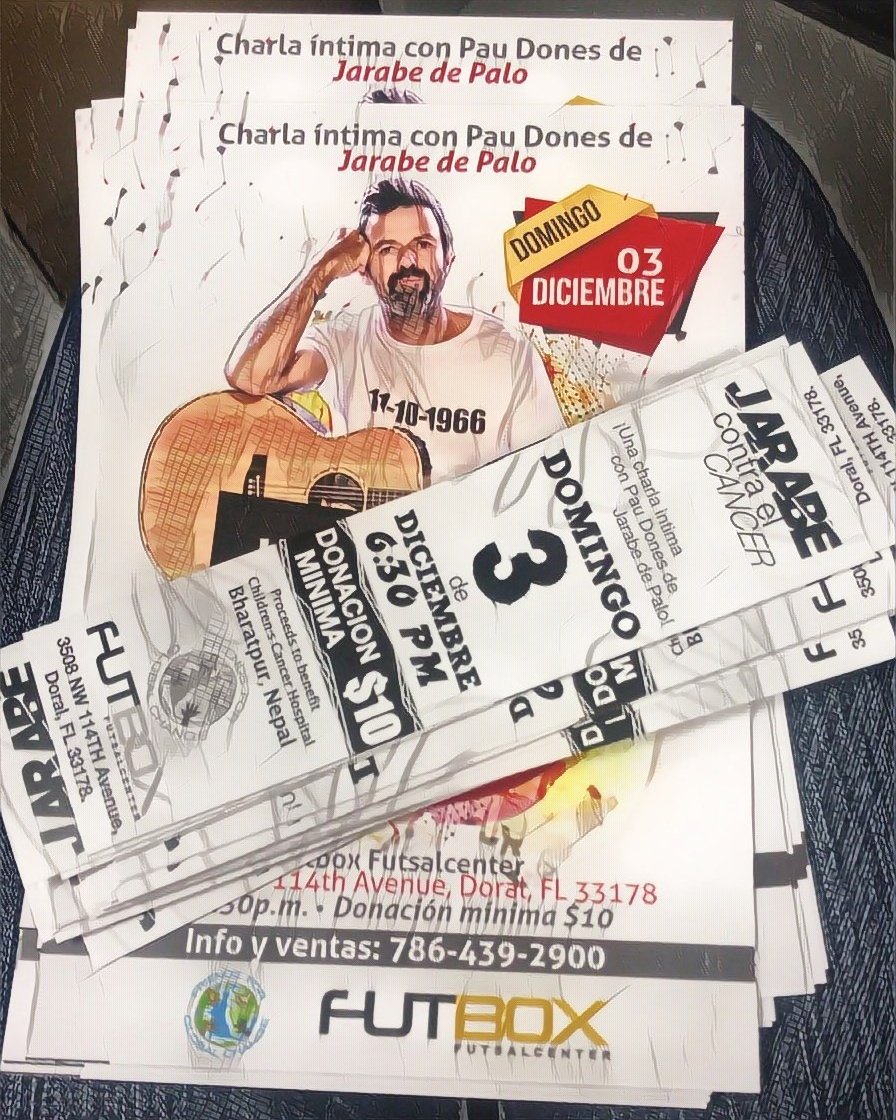 FFGCinc's tweet photo. No te lo pierdas #JarabeContraElCancer Diciembre 3 a las 6:30 pm en Futbox Doral. UNA CHARLA INTIMA CON PAU DONES DE JARABE DE PALO. #FFGC #MakingADifference #FriendsForGlobalChange https://t.co/m6bgORLEWp