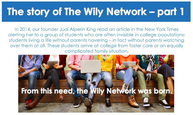 Check out the article that sparked the creation of The Wily Network: nytimes.com/2013/11/03/edu…

If this resonates with you as it did for Judi Alperin King and many others since, please contribute here: crowdrise.com/o/en/campaign/…