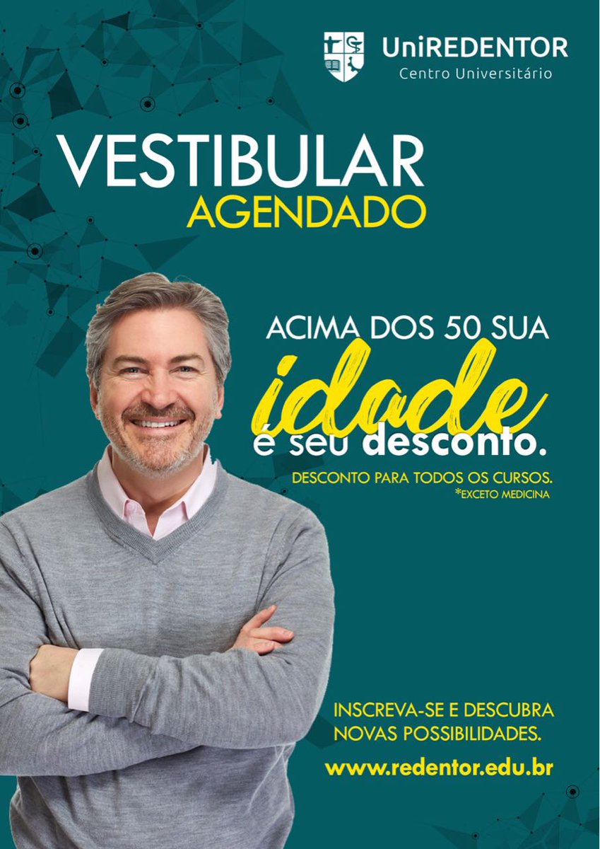 uniredentor's tweet photo. Vestibular Agendado UniREDENTOR!

Todos acima de 50 anos terão a sua idade transformada em desconto! Não percam!

► Entre as melhores do PAÍS, segundo a Revista Exame!
► Todos os Cursos com notas excelentes no MEC! #IGC4 #ENADE5
► https://t.co/GoYG4MxJTo https://t.co/qL1sZOX0rW