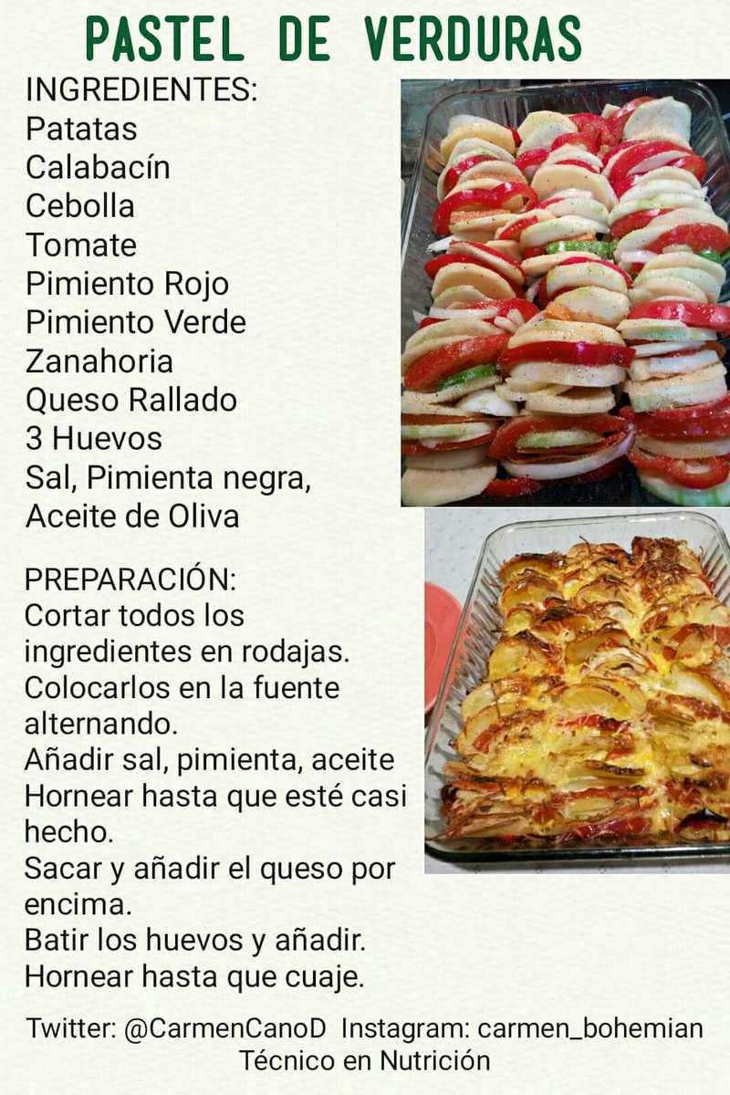 CarmenBohemian's tweet photo. #PastelDeVerduras #Verduras #VerdurasDeTemporada #ComidaSana #DietaSaludable #Nutrición #AlimentosNaturales #DietaSana #Salud #VidaSana
#DietaEquilibrada #LifeStyle 🍁🍂🌲 #ConsejoNutricional 🍅🍍 🌰 consume #frutas y #verduras https://t.co/clDOe66byP