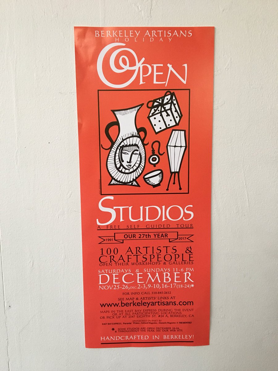 CathrynHrudicka's tweet photo. #BerkeleyArtisans Open Studios—wonderful work by #artists &amp; #craftspeople in #Berkeley, every Sat. &amp; Sun., Nov. 25 thru Dec. 24 + Thursdays, or by appt. #art #crafts #SFBayArea #ShopSmall #ShopLocal #SmallBizSaturday #SmallBusinessSaturday Info: https://t.co/fhh15YfoL0 https://t.co/rQf4jLXvlm