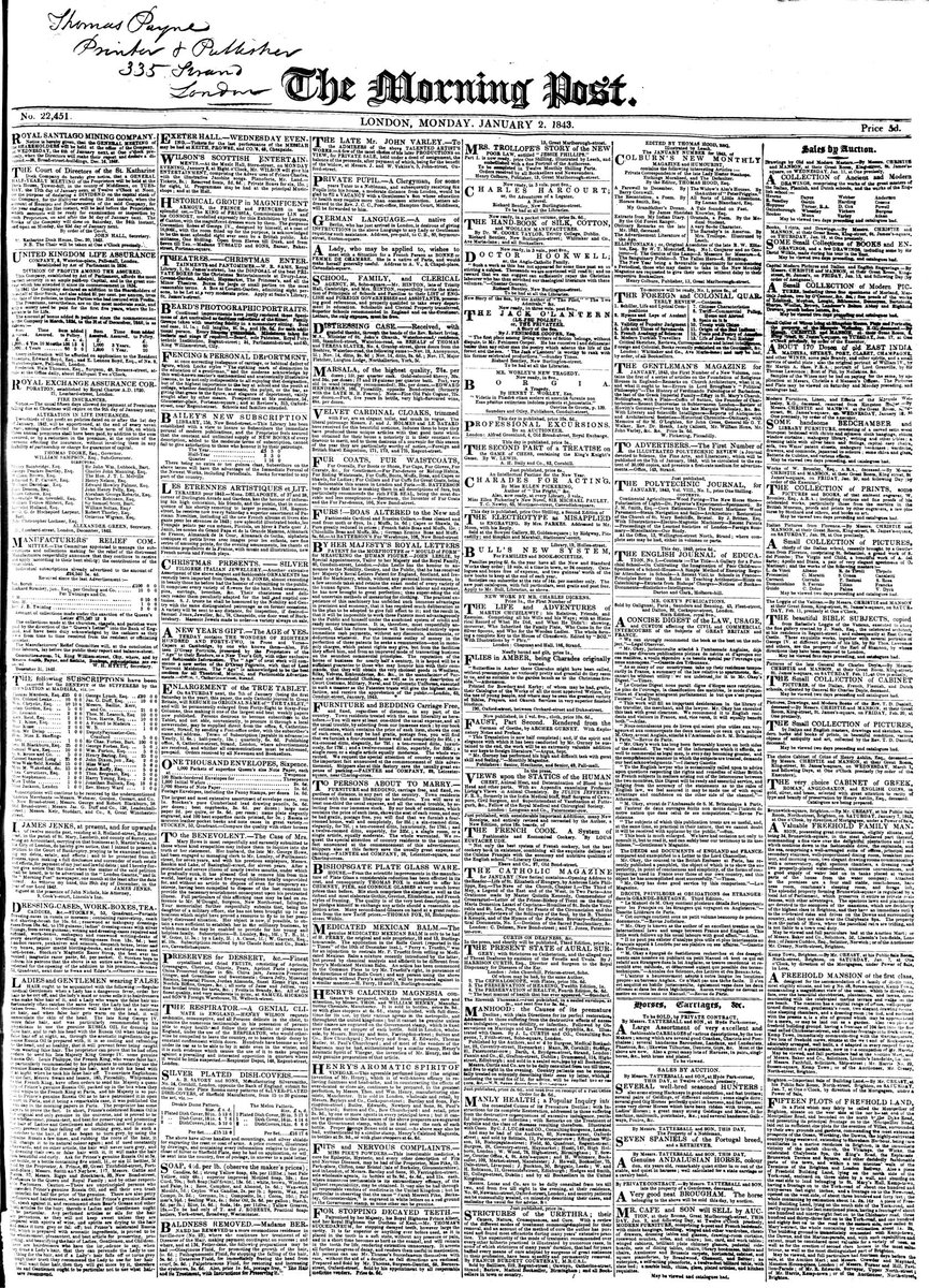 For most of the nineteenth century, the biggest daily newspapers carried nothing but densely-packed adverts on their front page. Here are some examples from around the time this film is set...