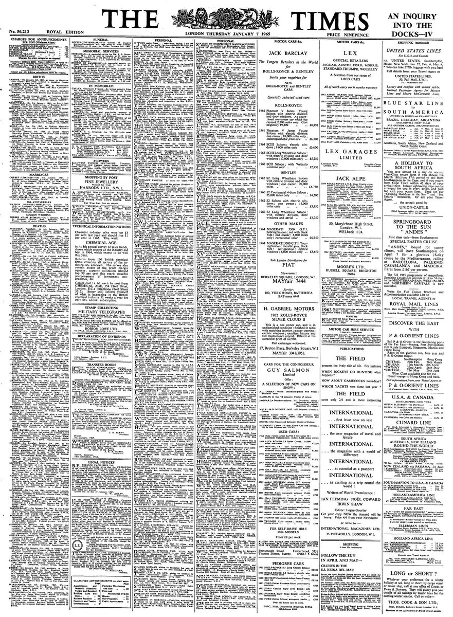 Meanwhile, the front page of papers like The Times still looked like this in 1965!