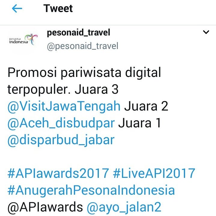 VisitJawaTengah's tweet photo. Selamat twitter @VisitJawaTengah sebagai juara 3 Promosi pariwisata digital terpopuler. Jateng makin gayeng dengan pariwisata. Semangatttt!

#APIawards2017 #LiveAPI2017 #AnugerahPesonaIndonesia Terima Kasih @APIawards @ayo_jalan2 @ayo_jalan2 https://t.co/7lb4AbXAB1