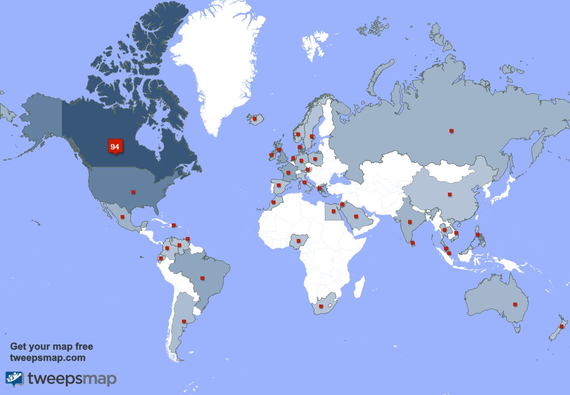 My followers are in Canada(95%), USA(3%)... Get your map too: tweepsmap.com/!YEGEvents