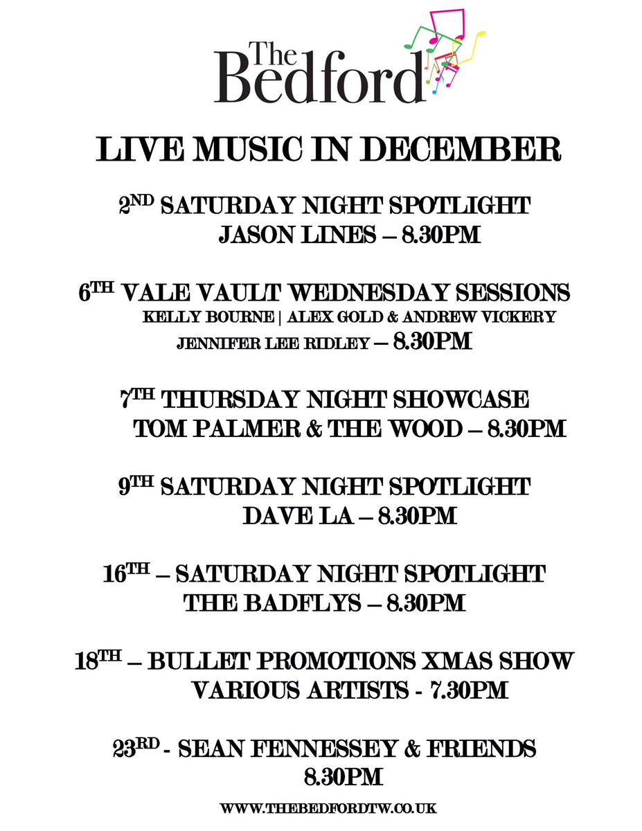 twlivemusic's tweet photo. Wow - Is there a better line up for #livemusic in #December??
Curtesy of our friends @TheBedfordTW and @promotionbullet
#DecemberLiveMusic #Bedford #TunbridgeWells #BulletPromotions https://t.co/LOfc5DoP7Q