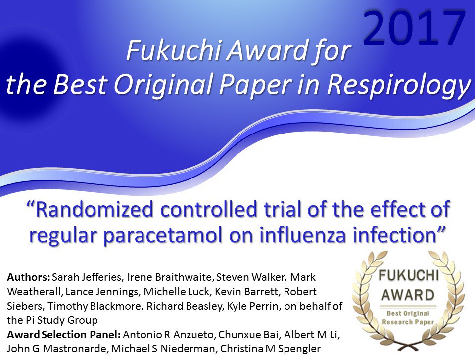 APSRapsr's tweet photo. Fukuchi Award for the Best Original Paper in Respirology presented by Dr Paul Reynolds, Co-Editor in Chief of Respirology
“Randomized controlled trial of the effect of regular paracetamol on influenza infection” #APSR17 @APSRapsr @RespirologyAPSR https://t.co/EZC9JPMvlJ
