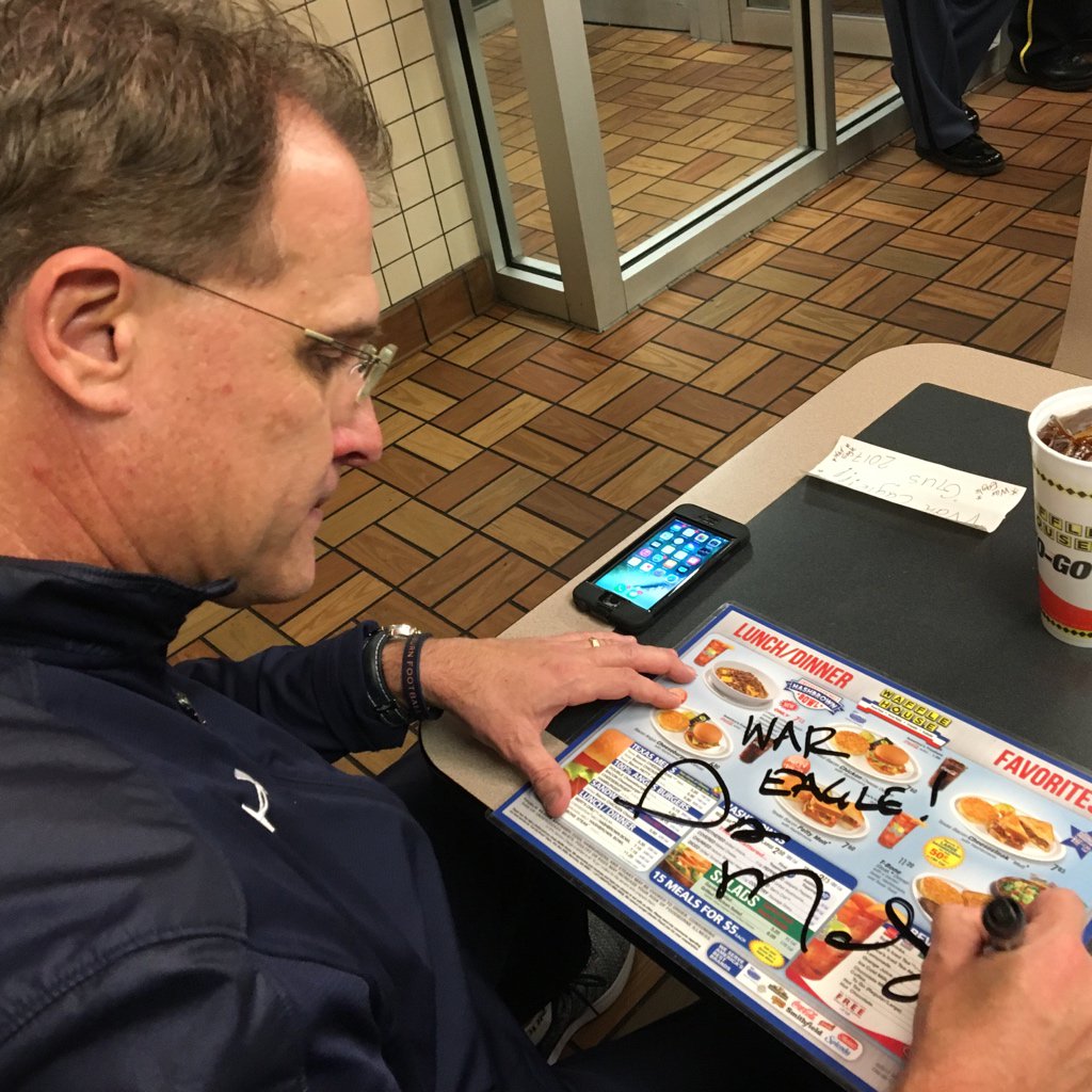GeorgeSchroeder's tweet photo. How do you celebrate an Iron Bowl victory? Gus Malzahn: “Ham and cheese omelet, scattered, smothered, covered and chunked. And some bacon.” #wafflehouse @usatodaysports https://t.co/P8MxrGWgGO