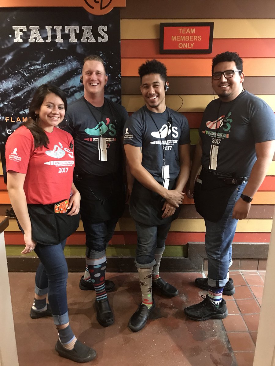 Anthony1906's tweet photo. What’s going on? It’s #CrazySock weekend for #StJude and these kids are super excited about raising money! Come see us @Chilis Justin Rd and donate with your favorite Team Member!! @ChilisJobs #StJude #MoMoneyNoProblem #CancerSocks https://t.co/osDmAuDi8s