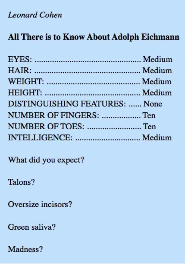 thekeenanwire's tweet image. Probably no need to write another giant newspaper profile about how some Nazi is kind of normal as if it’s novel. Leonard Cohen summed it up pretty well some time ago.